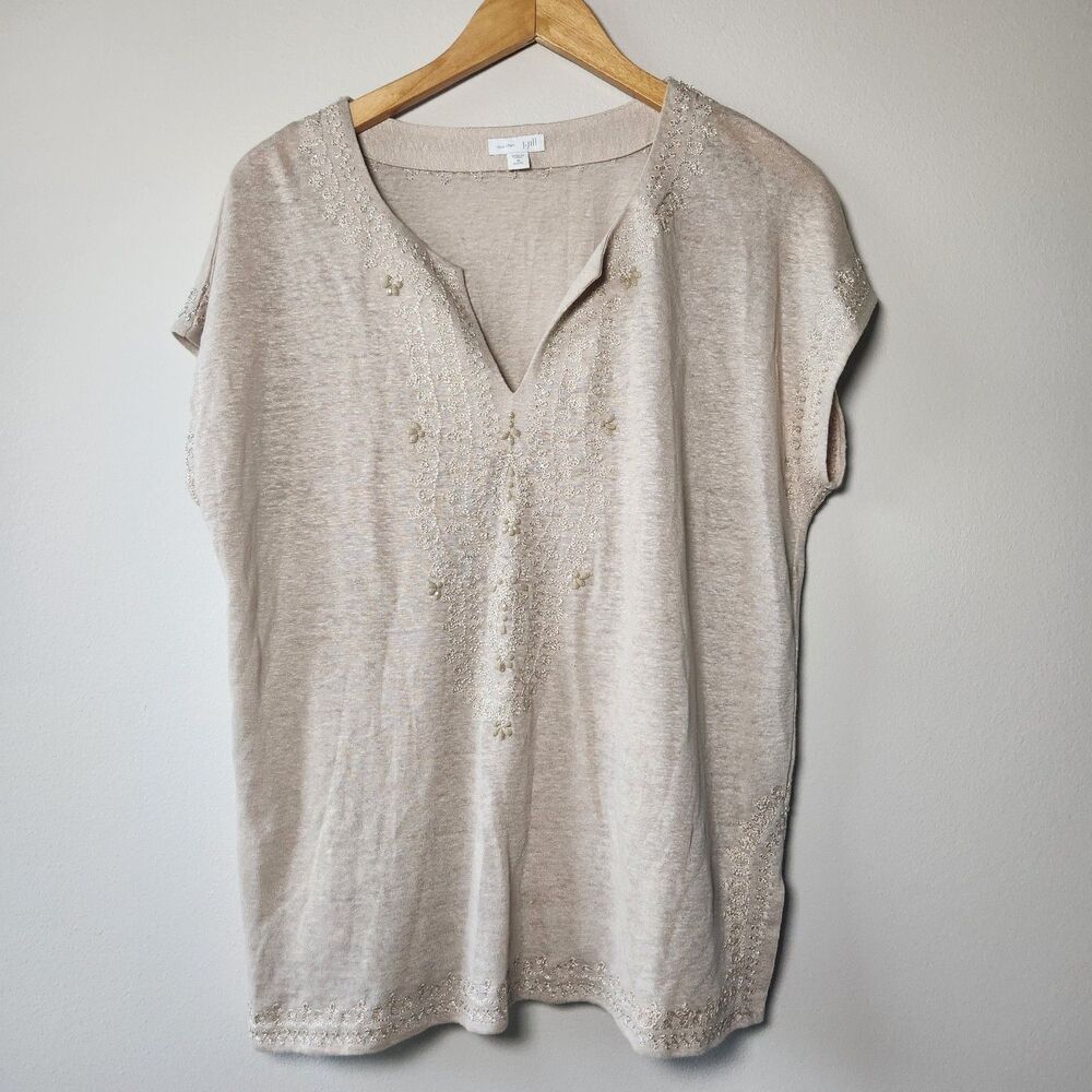 J Jill Love Linen Embroidered Beaded Tunic Top M Petite Boho Cottagecore Beige